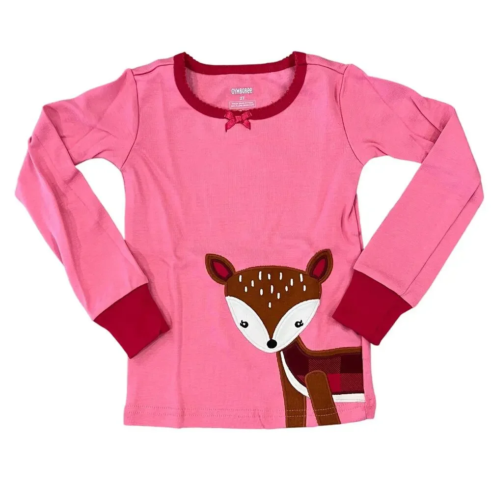 NWT Gymboree Girls Pink & Plaid W/ Embroidered Deer Cotton Pajamas -